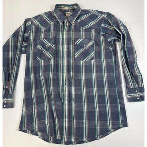 Western Craft Men L Vintage Blue Plaid Pearl Snap Western Shirt Long Sleeve